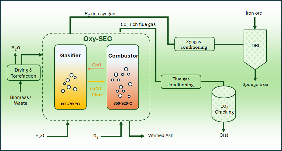Process flow diagram: biomass and waste enter Drying & Torrefaction, then the Oxy-SEG dual reactor (Gasifier and Combustor with CaO/CaCO3 loop), producing H2-rich syngas for the DRI furnace and CO2-rich flue gas for CO2 cracking to solid carbon.